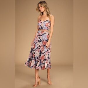 NWT Lulus Floating Through Flowers Multi Floral Two-Piece Midi Dress